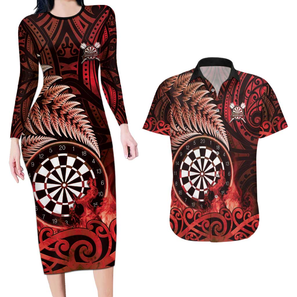 Personalised New Zealand Darts Couples Matching Long Sleeve Bodycon Dress and Hawaiian Shirt Maori Koru Dartboard Red Flame
