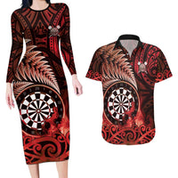 Personalised New Zealand Darts Couples Matching Long Sleeve Bodycon Dress and Hawaiian Shirt Maori Koru Dartboard Red Flame