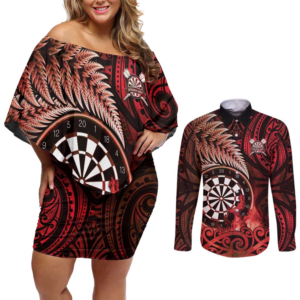 Personalised New Zealand Darts Couples Matching Off Shoulder Short Dress and Long Sleeve Button Shirt Maori Koru Dartboard Red Flame