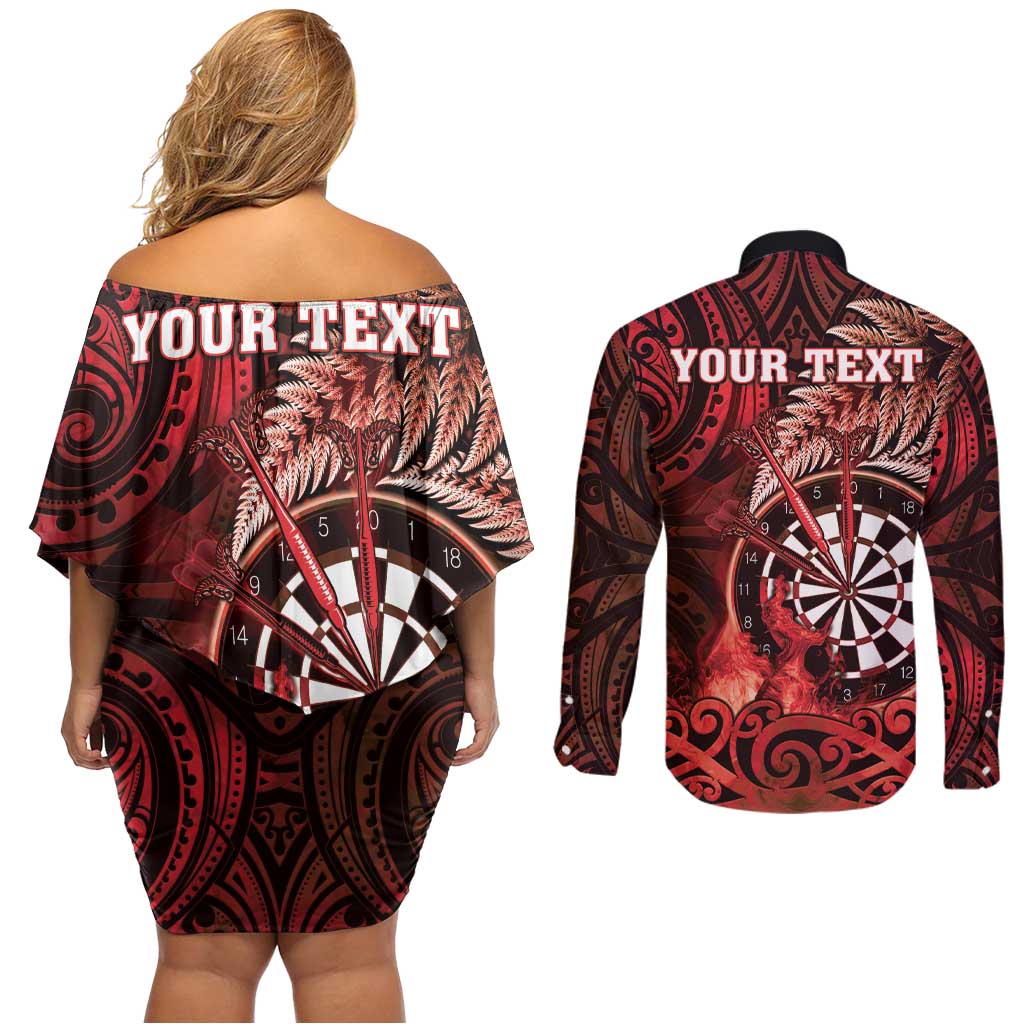 Personalised New Zealand Darts Couples Matching Off Shoulder Short Dress and Long Sleeve Button Shirt Maori Koru Dartboard Red Flame