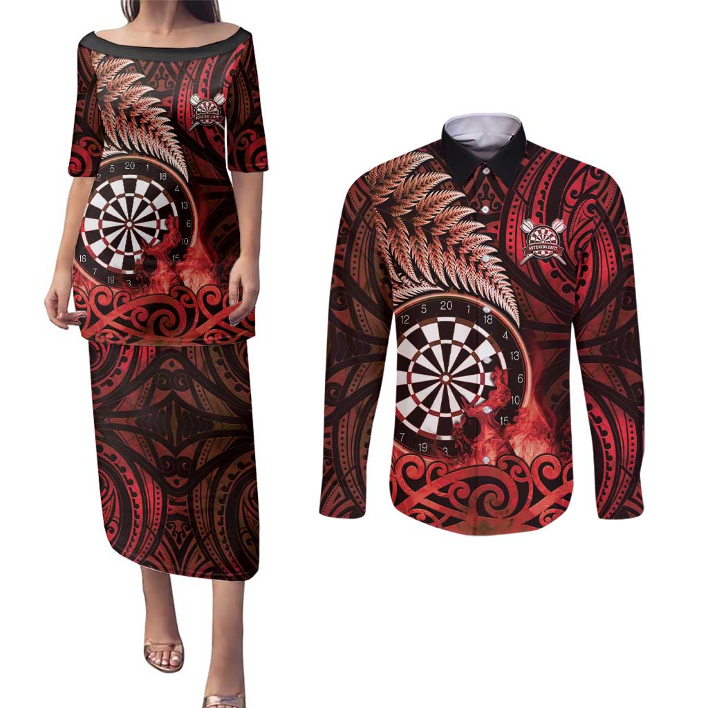 Personalised New Zealand Darts Couples Matching Puletasi and Long Sleeve Button Shirt Maori Koru Dartboard Red Flame