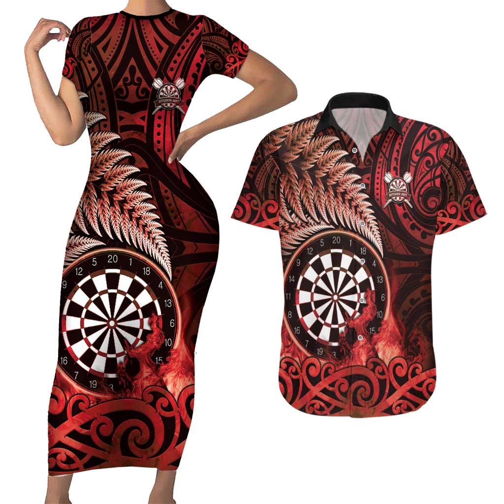 Personalised New Zealand Darts Couples Matching Short Sleeve Bodycon Dress and Hawaiian Shirt Maori Koru Dartboard Red Flame