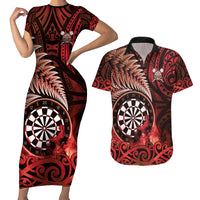 Personalised New Zealand Darts Couples Matching Short Sleeve Bodycon Dress and Hawaiian Shirt Maori Koru Dartboard Red Flame