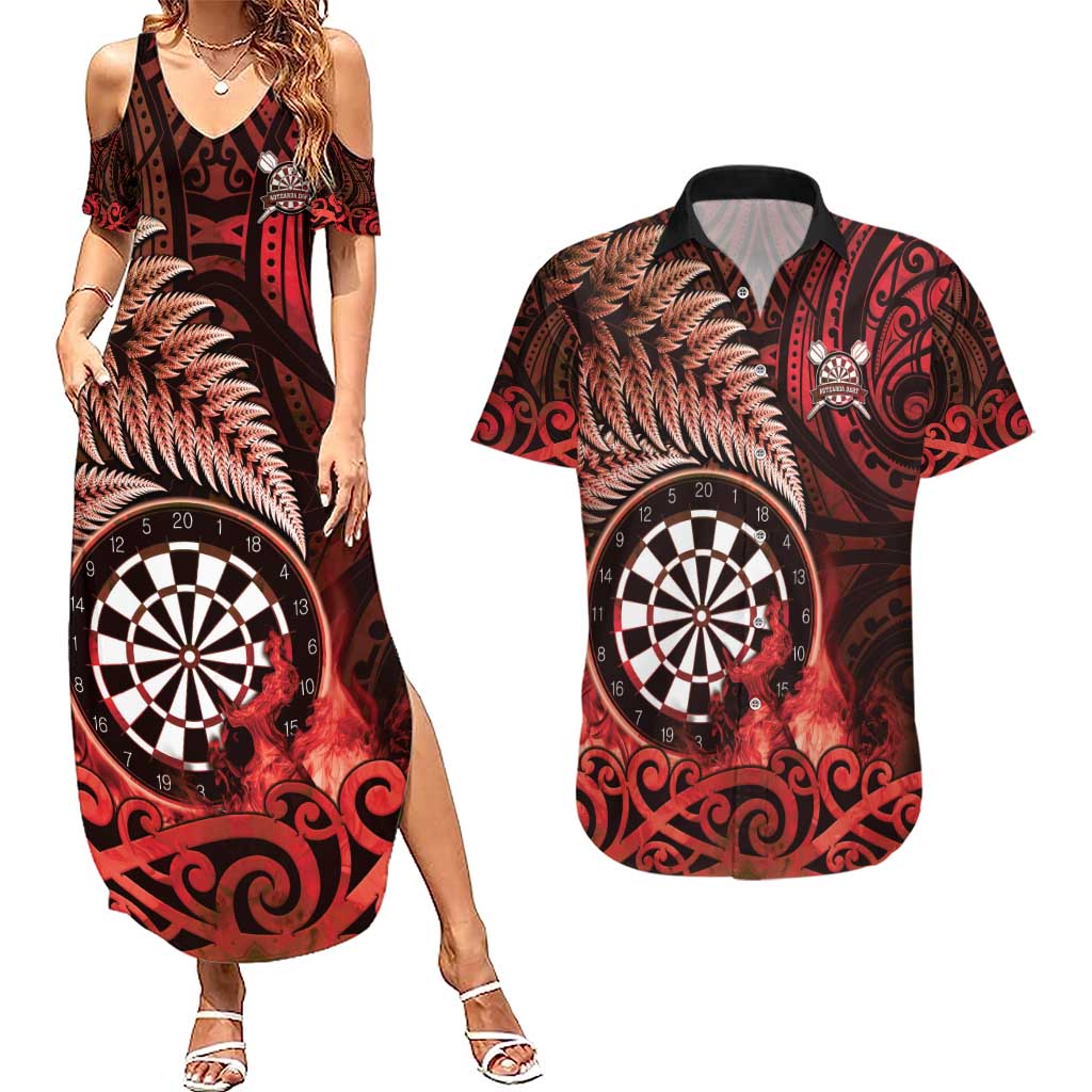 Personalised New Zealand Darts Couples Matching Summer Maxi Dress and Hawaiian Shirt Maori Koru Dartboard Red Flame