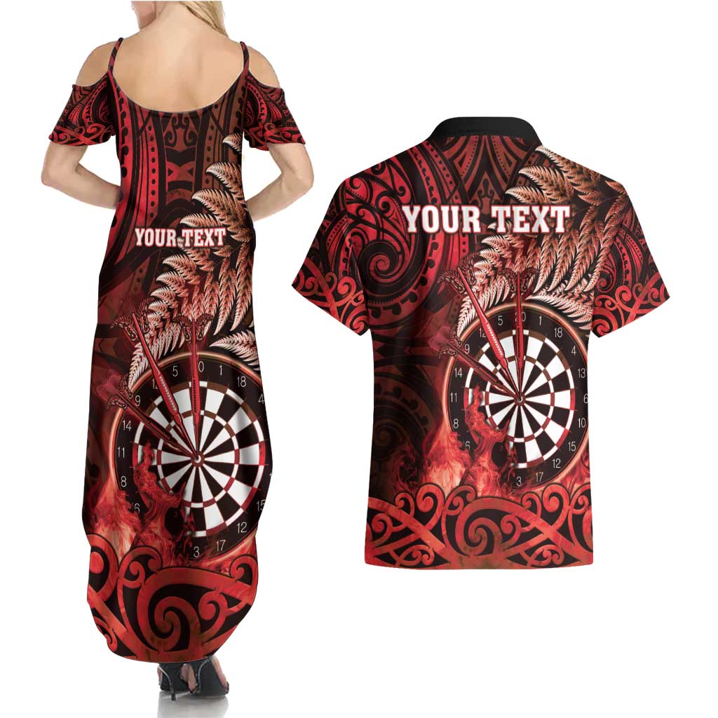 Personalised New Zealand Darts Couples Matching Summer Maxi Dress and Hawaiian Shirt Maori Koru Dartboard Red Flame
