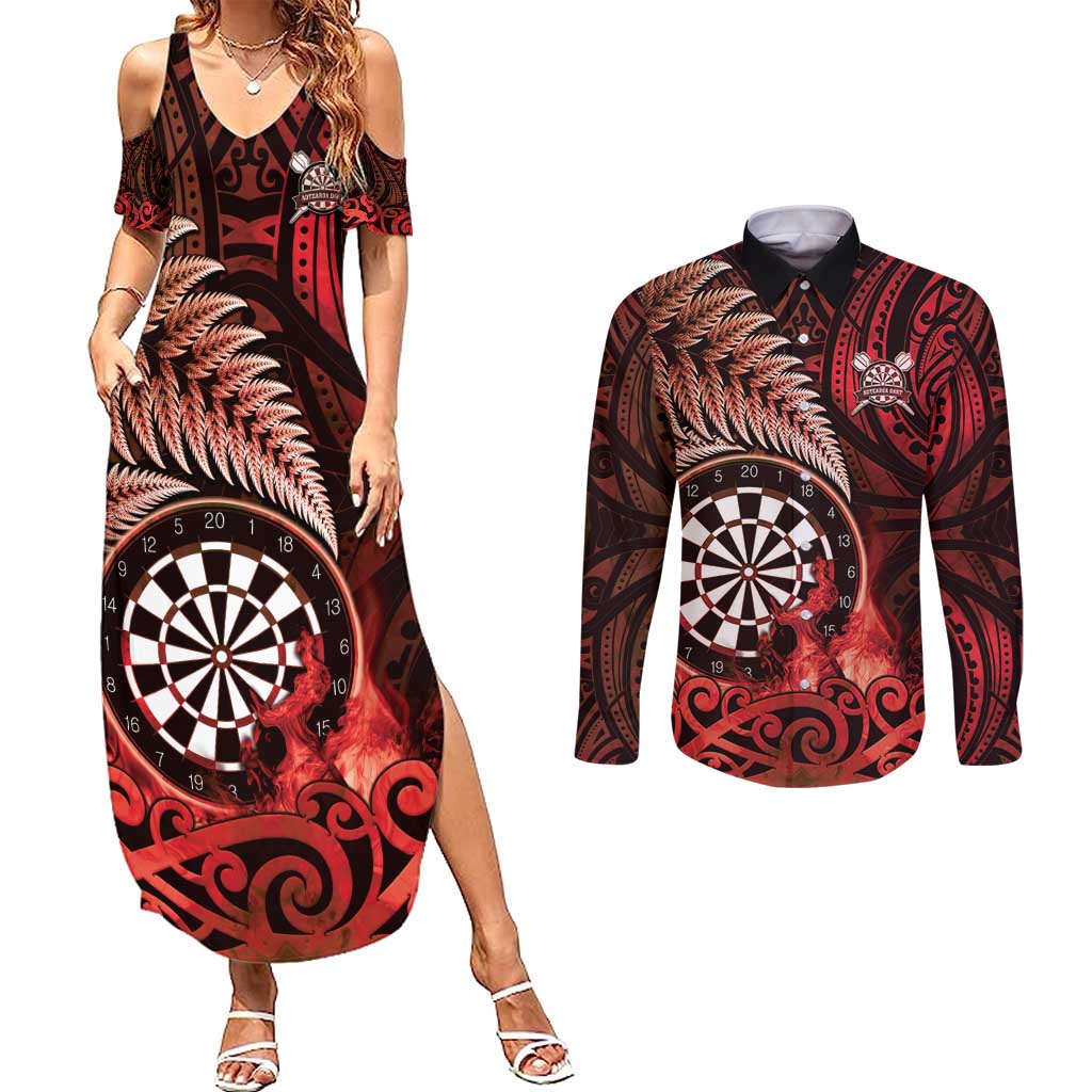 Personalised New Zealand Darts Couples Matching Summer Maxi Dress and Long Sleeve Button Shirt Maori Koru Dartboard Red Flame