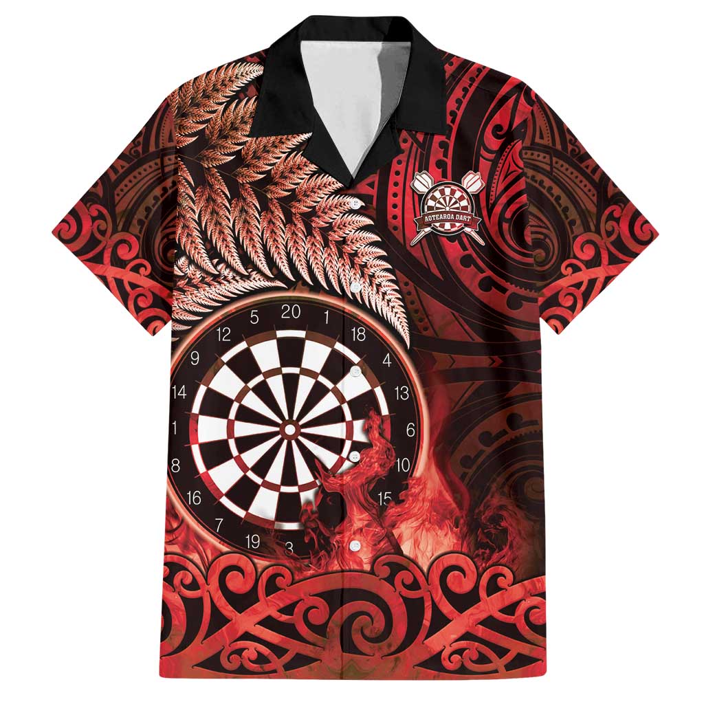 Personalised New Zealand Darts Family Matching Long Sleeve Bodycon Dress and Hawaiian Shirt Maori Koru Dartboard Red Flame