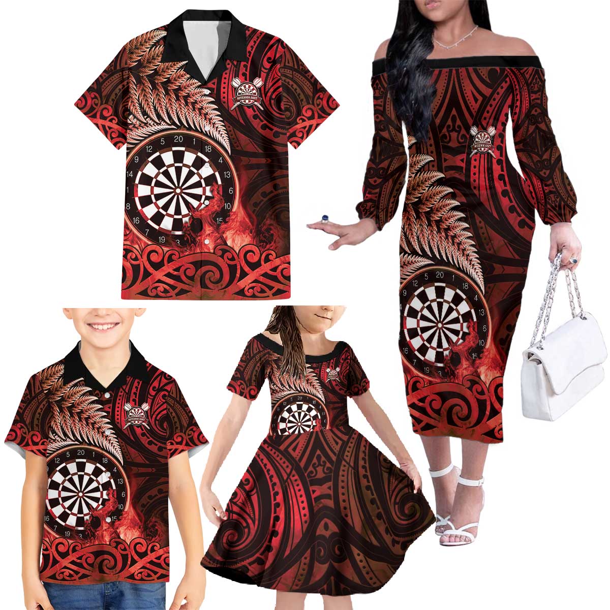 Personalised New Zealand Darts Family Matching Off The Shoulder Long Sleeve Dress and Hawaiian Shirt Maori Koru Dartboard Red Flame