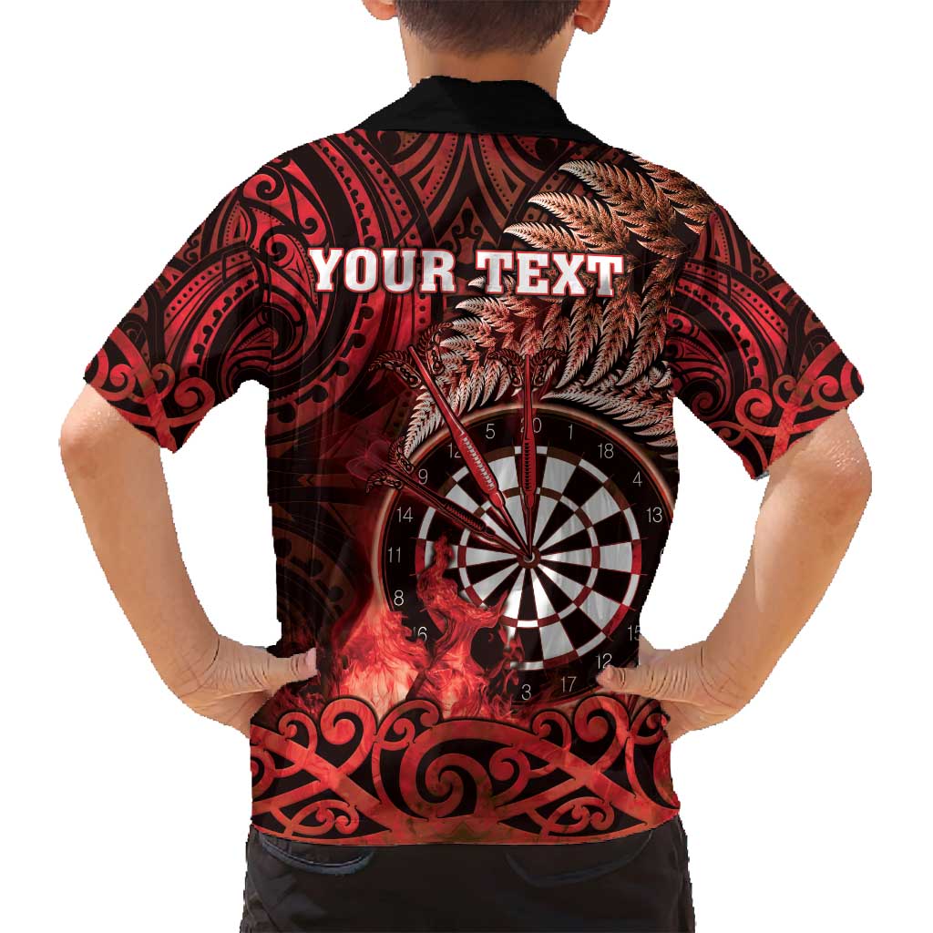 Personalised New Zealand Darts Family Matching Off Shoulder Maxi Dress and Hawaiian Shirt Maori Koru Dartboard Red Flame