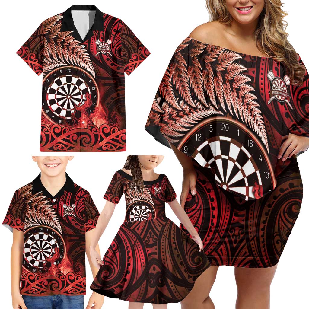 Personalised New Zealand Darts Family Matching Off Shoulder Short Dress and Hawaiian Shirt Maori Koru Dartboard Red Flame
