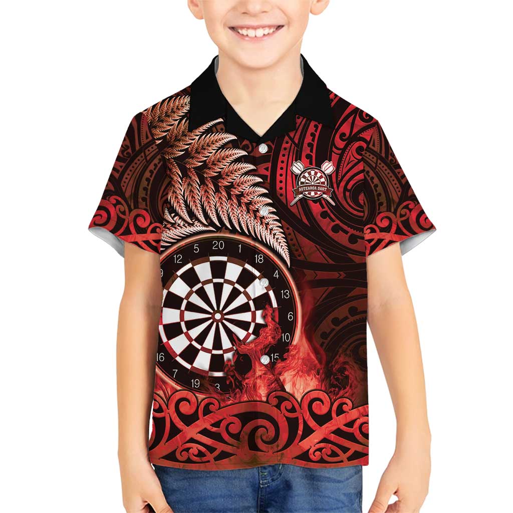 Personalised New Zealand Darts Family Matching Off Shoulder Short Dress and Hawaiian Shirt Maori Koru Dartboard Red Flame