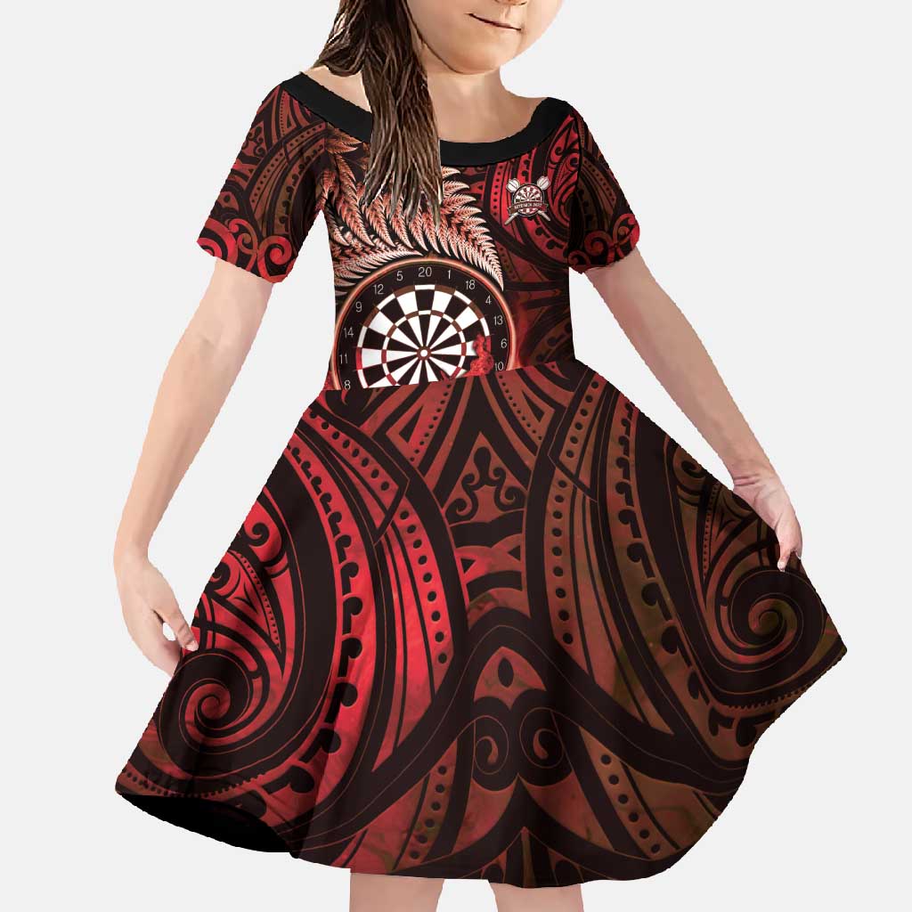 Personalised New Zealand Darts Family Matching Short Sleeve Bodycon Dress and Hawaiian Shirt Maori Koru Dartboard Red Flame