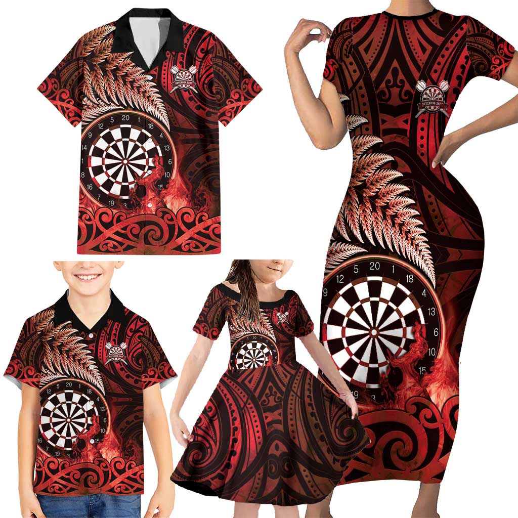 Personalised New Zealand Darts Family Matching Short Sleeve Bodycon Dress and Hawaiian Shirt Maori Koru Dartboard Red Flame