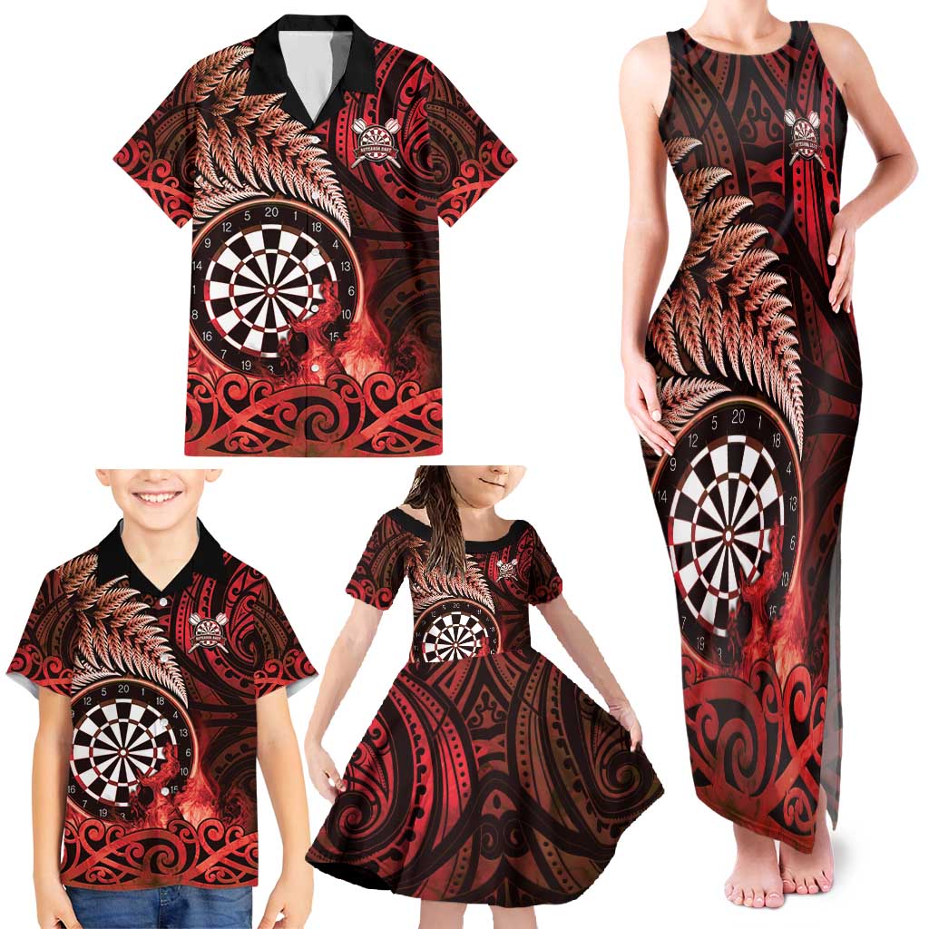 Personalised New Zealand Darts Family Matching Tank Maxi Dress and Hawaiian Shirt Maori Koru Dartboard Red Flame