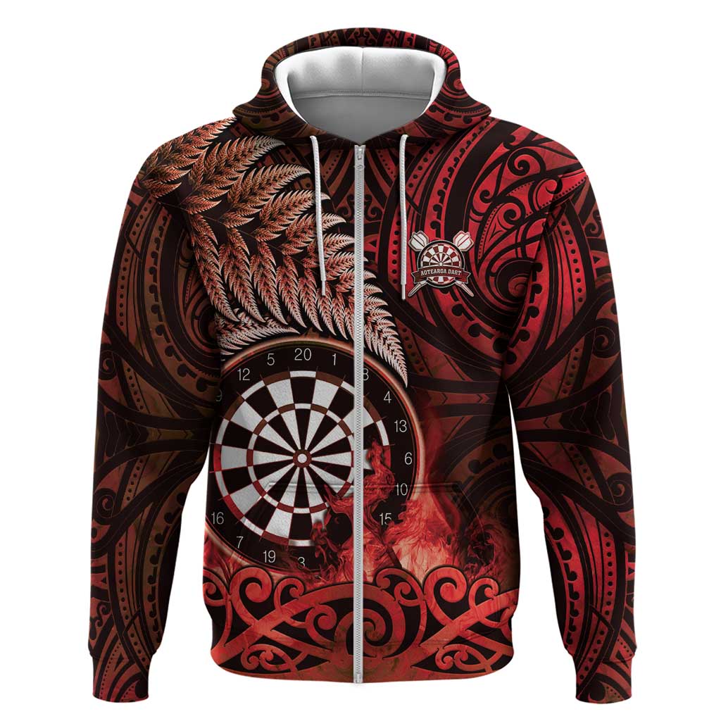 Personalised New Zealand Darts Hoodie Maori Koru Dartboard Red Flame