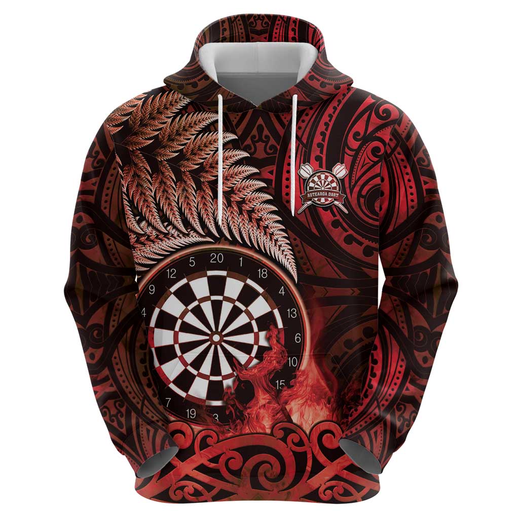 Personalised New Zealand Darts Hoodie Maori Koru Dartboard Red Flame