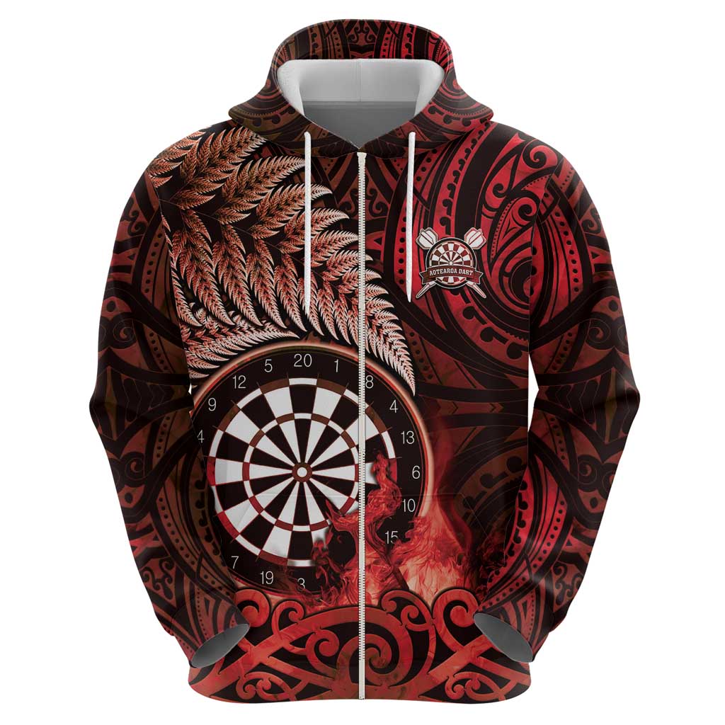 Personalised New Zealand Darts Hoodie Maori Koru Dartboard Red Flame