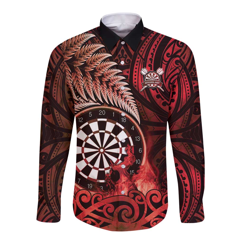 Personalised New Zealand Darts Long Sleeve Button Shirt Maori Koru Dartboard Red Flame