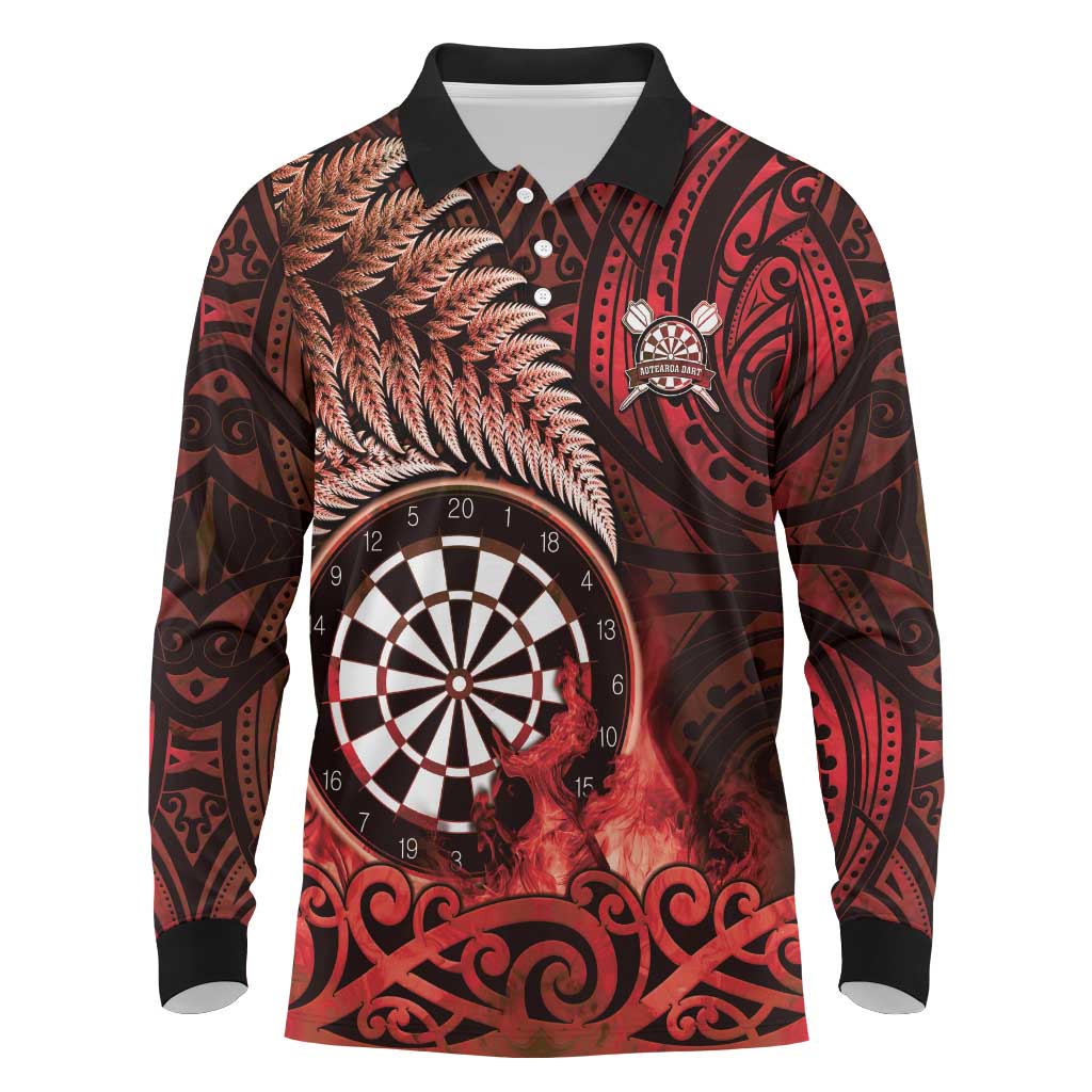 Personalised New Zealand Darts Long Sleeve Polo Shirt Maori Koru Dartboard Red Flame