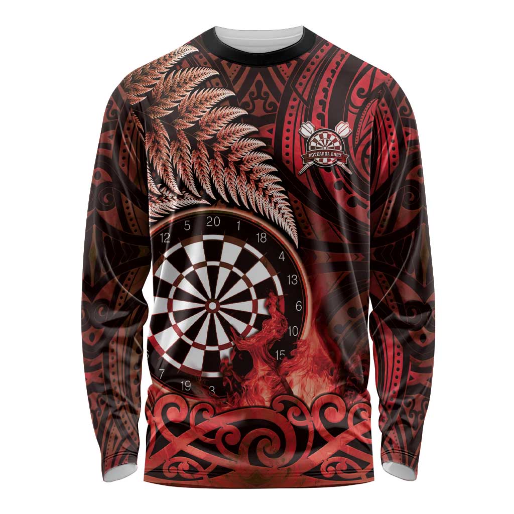 Personalised New Zealand Darts Long Sleeve Shirt Maori Koru Dartboard Red Flame