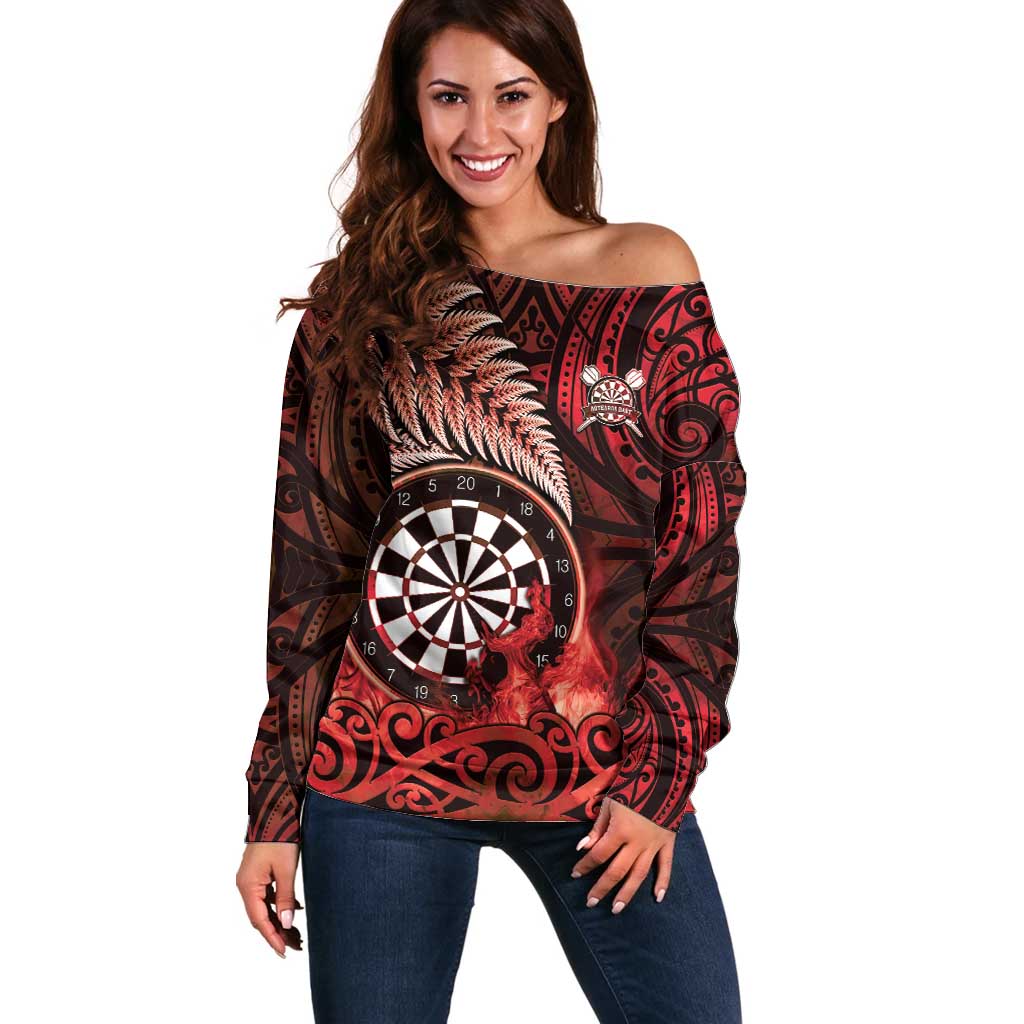 Personalised New Zealand Darts Off Shoulder Sweater Maori Koru Dartboard Red Flame
