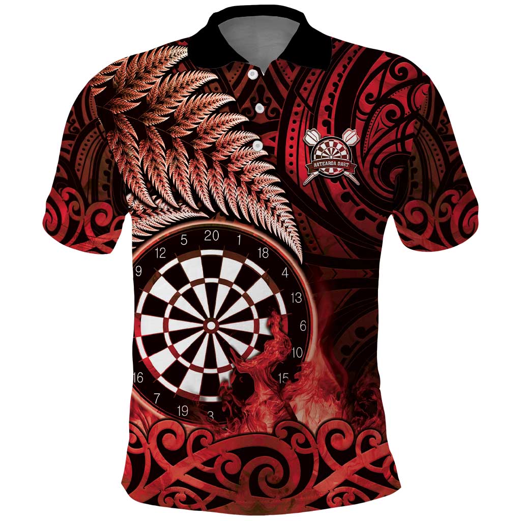 Personalised New Zealand Darts Polo Shirt Maori Koru Dartboard Red Flame