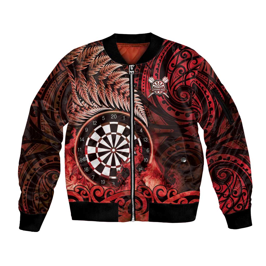 Personalised New Zealand Darts Sleeve Zip Bomber Jacket Maori Koru Dartboard Red Flame
