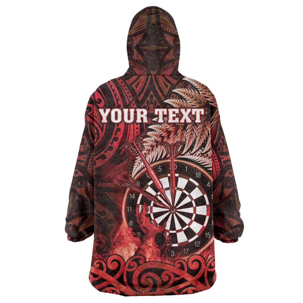Personalised New Zealand Darts Wearable Blanket Hoodie Maori Koru Dartboard Red Flame