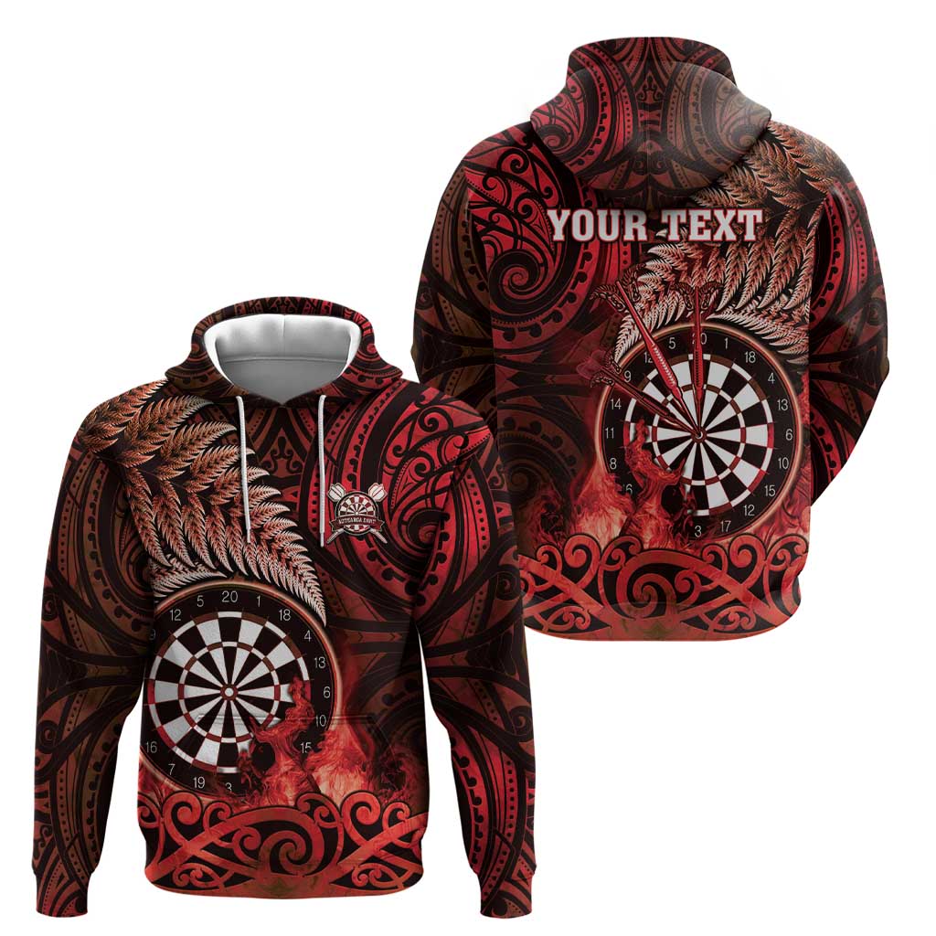 Personalised New Zealand Darts Zip Hoodie Maori Koru Dartboard Red Flame