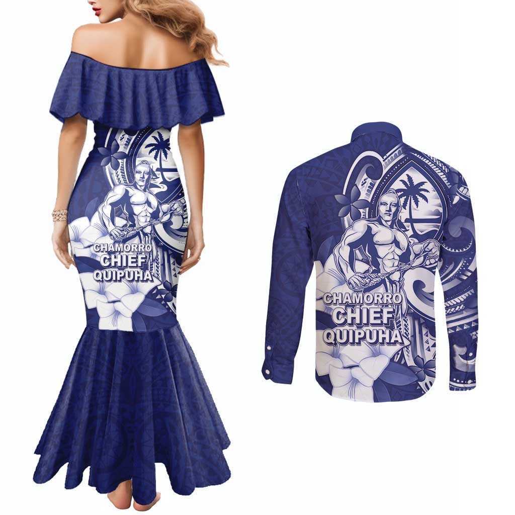 Guam Chief Quipuha Couples Matching Mermaid Dress and Long Sleeve Button Shirt Polynesian Pattern With Guasali Flowers