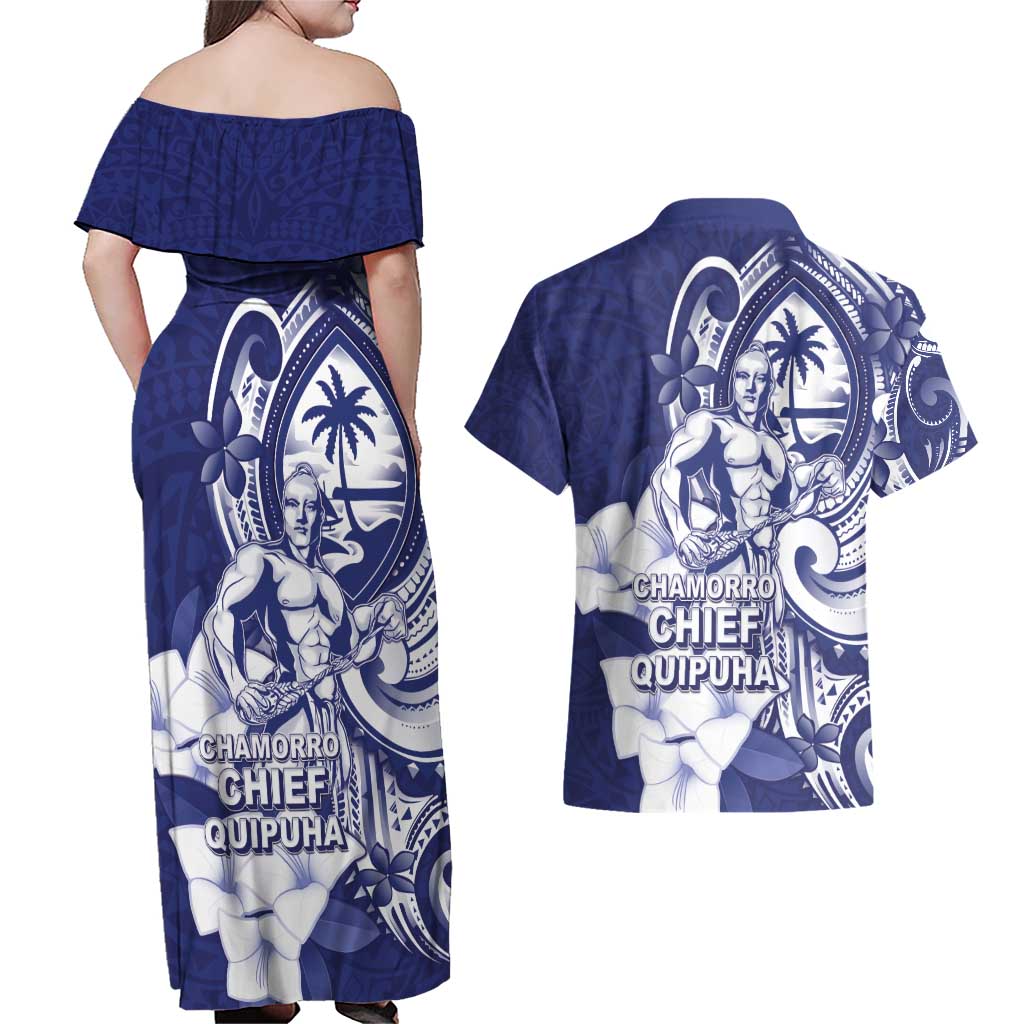 Guam Chief Quipuha Couples Matching Off Shoulder Maxi Dress and Hawaiian Shirt Polynesian Pattern With Guasali Flowers