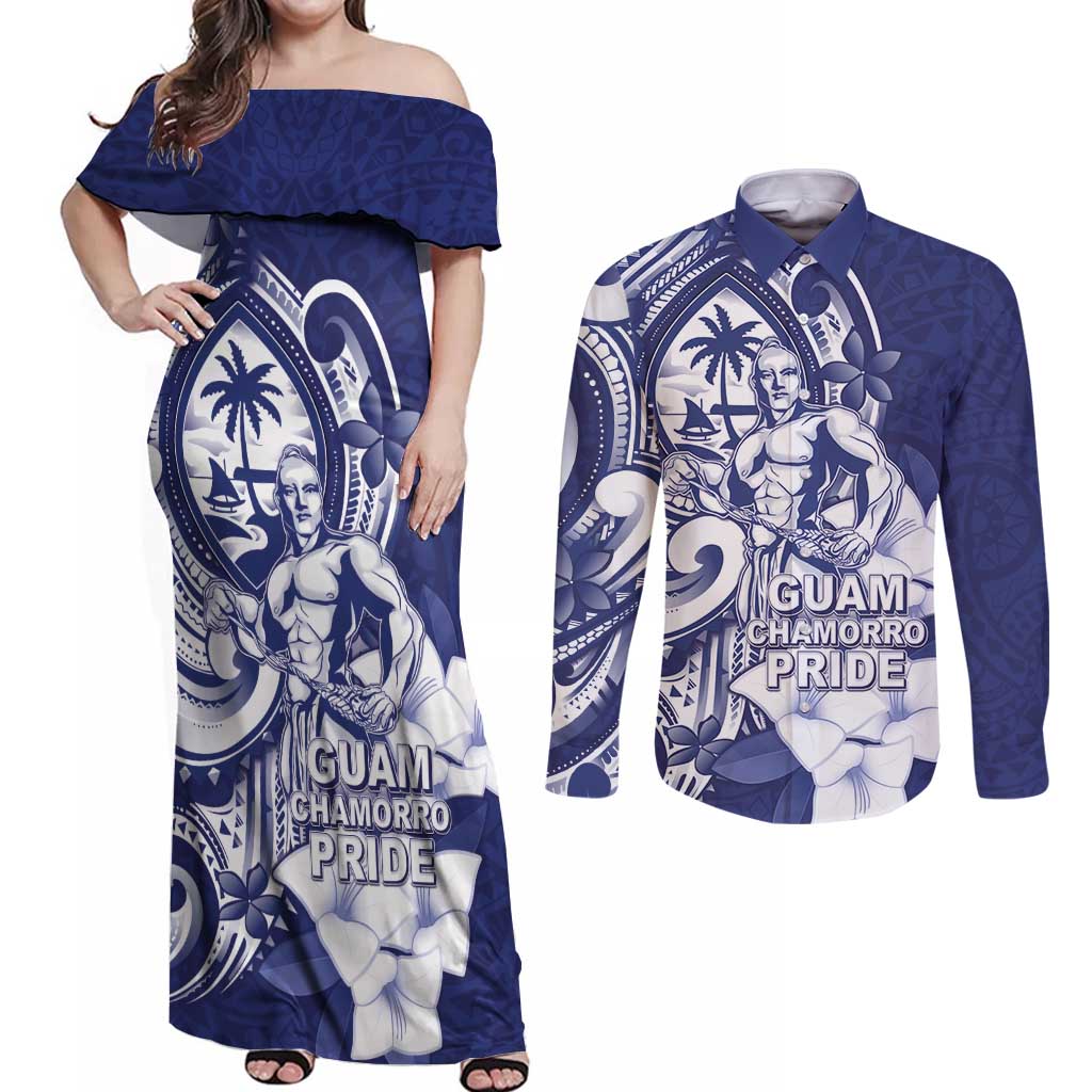 Guam Chief Quipuha Couples Matching Off Shoulder Maxi Dress and Long Sleeve Button Shirt Polynesian Pattern With Guasali Flowers