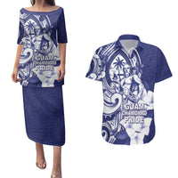 Guam Chief Quipuha Couples Matching Puletasi and Hawaiian Shirt Polynesian Pattern With Guasali Flowers