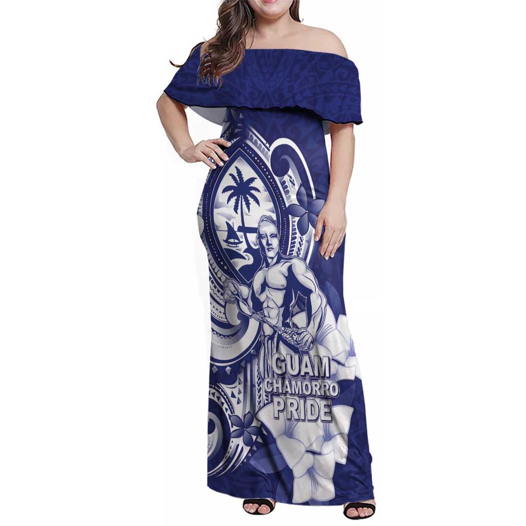 Guam Chief Quipuha Family Matching Off Shoulder Maxi Dress and Hawaiian Shirt Polynesian Pattern With Guasali Flowers