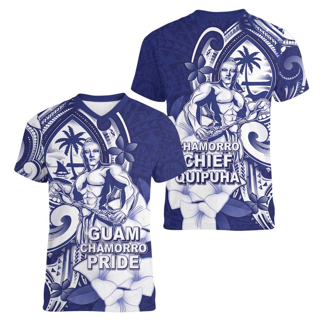 Guam Chief Quipuha Women V-Neck T-Shirt Polynesian Pattern With Guasali Flowers