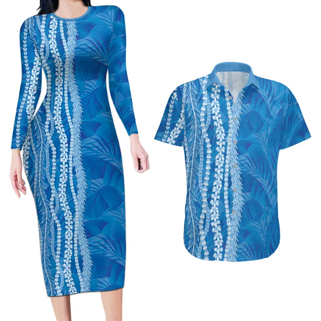 Hawaii Prince Kuhio Couples Matching Long Sleeve Bodycon Dress and Hawaiian Shirt Blue Hawaiian Lau Maia With Leis