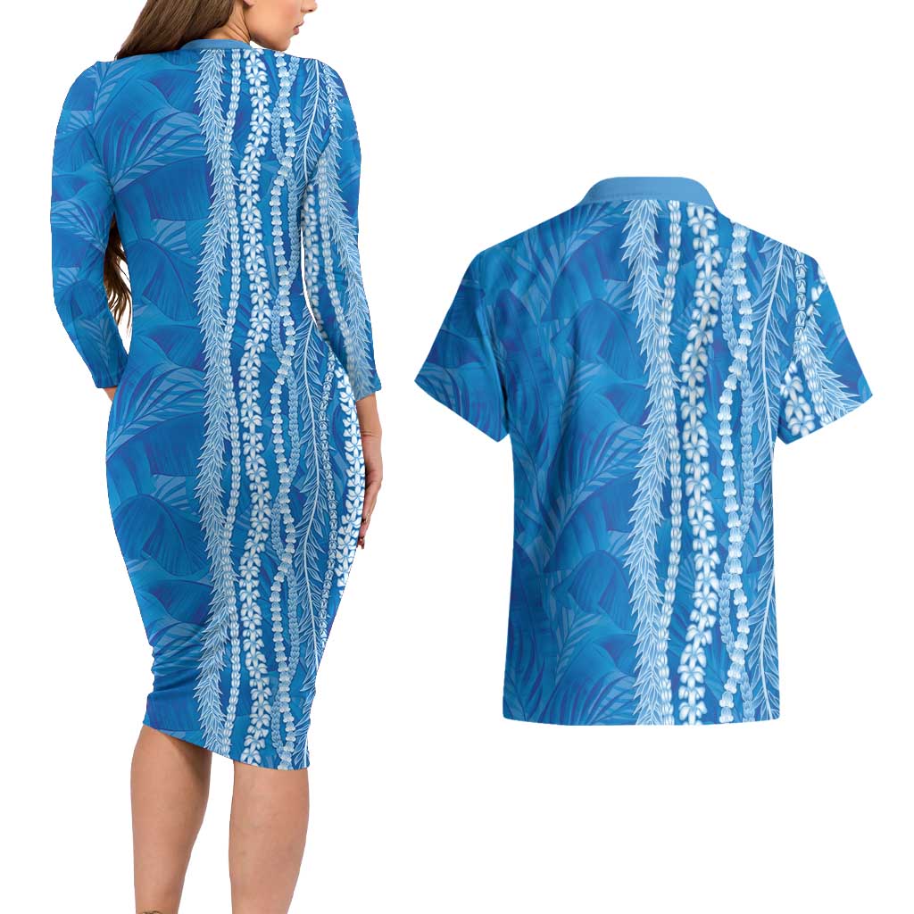 Hawaii Prince Kuhio Couples Matching Long Sleeve Bodycon Dress and Hawaiian Shirt Blue Hawaiian Lau Maia With Leis
