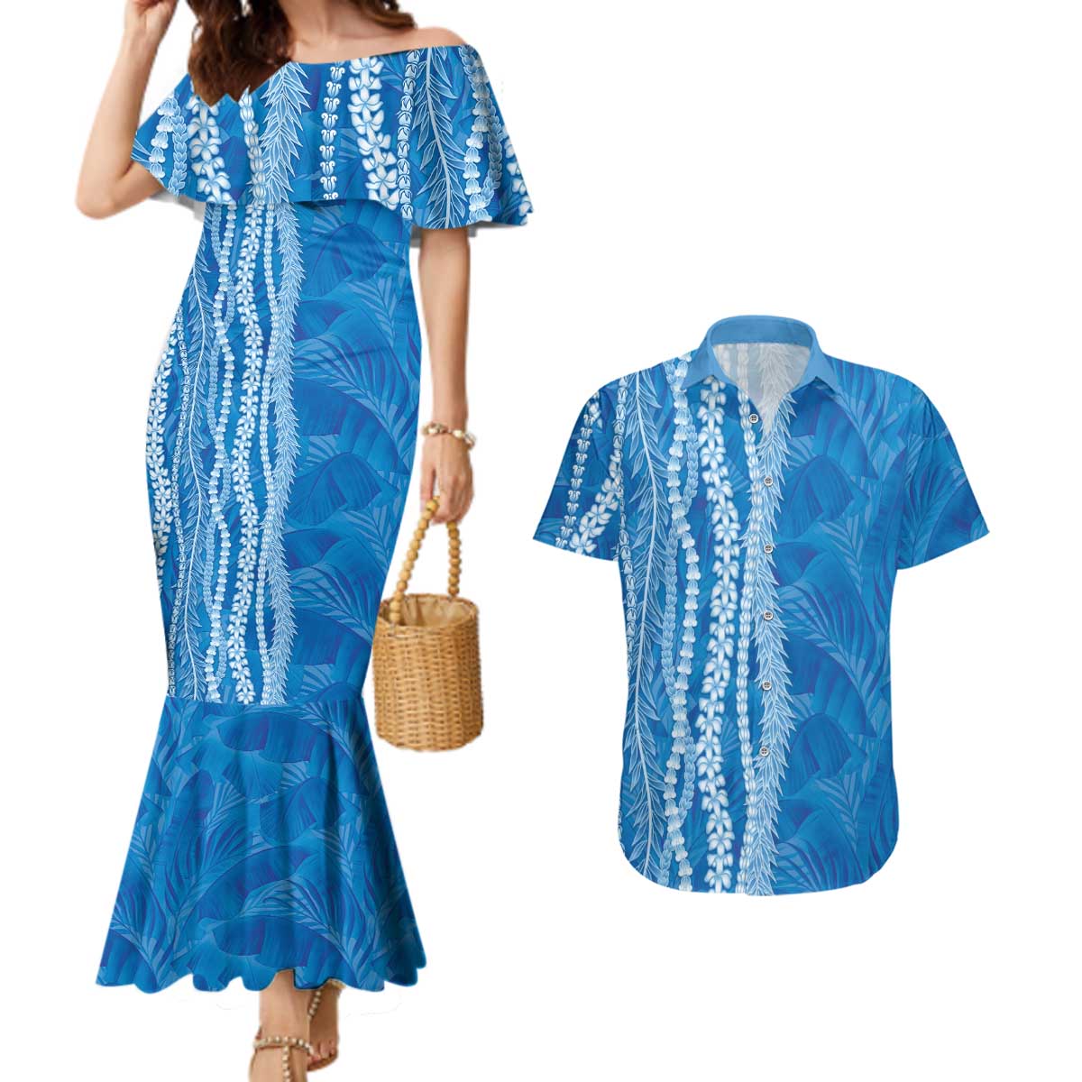 Hawaii Prince Kuhio Couples Matching Mermaid Dress and Hawaiian Shirt Blue Hawaiian Lau Maia With Leis