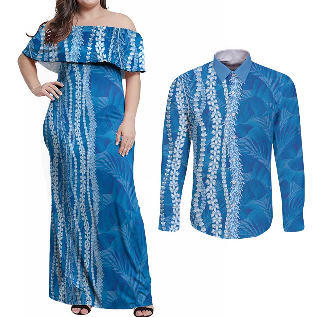 Hawaii Prince Kuhio Couples Matching Off Shoulder Maxi Dress and Long Sleeve Button Shirt Blue Hawaiian Lau Maia With Leis LT05 Blue - Polynesian Pride