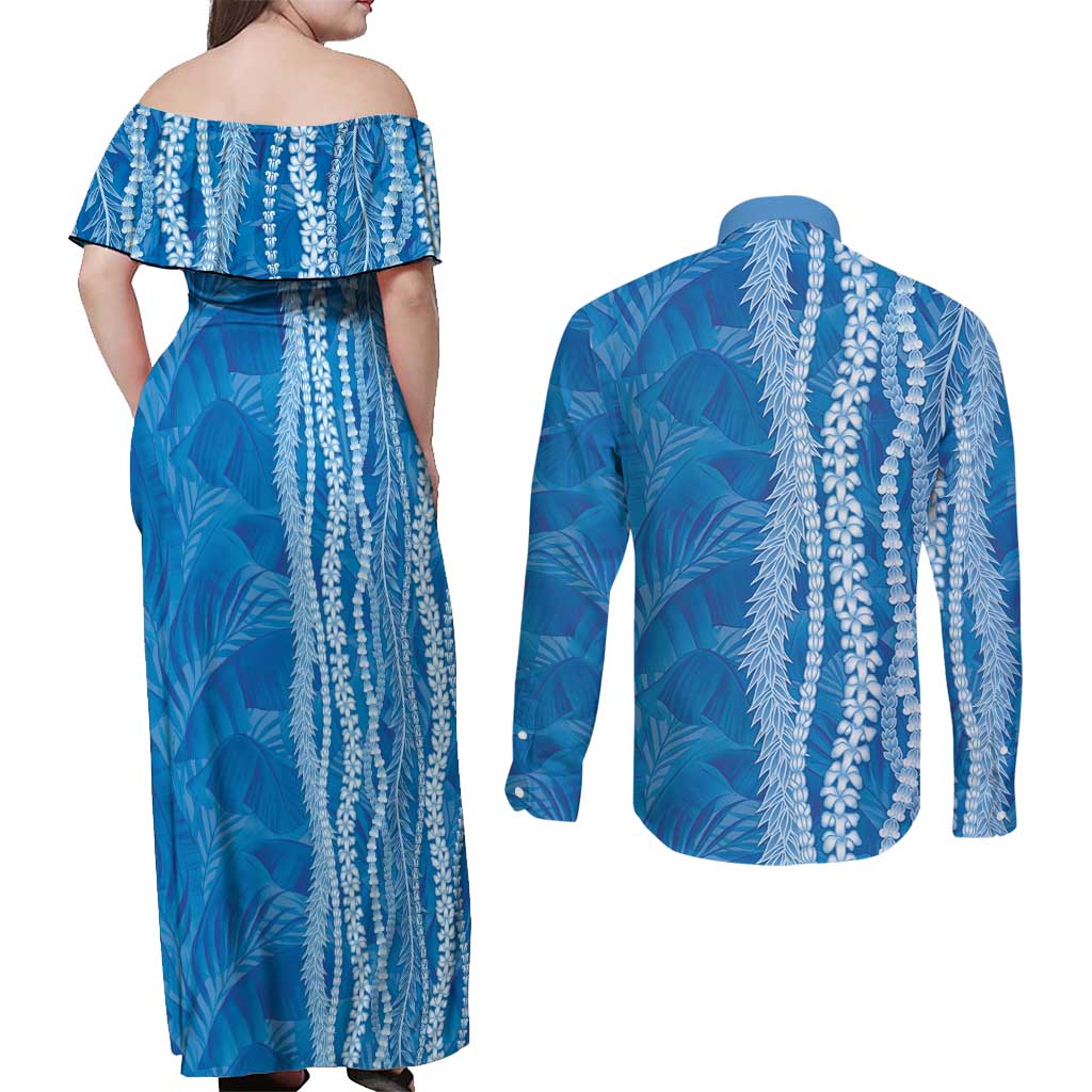 Hawaii Prince Kuhio Couples Matching Off Shoulder Maxi Dress and Long Sleeve Button Shirt Blue Hawaiian Lau Maia With Leis LT05 - Polynesian Pride