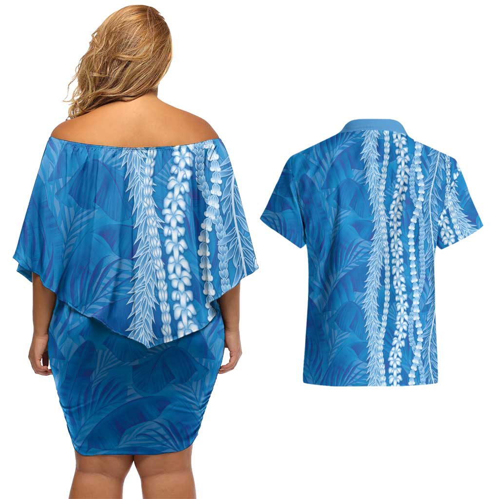 Hawaii Prince Kuhio Couples Matching Off Shoulder Short Dress and Hawaiian Shirt Blue Hawaiian Lau Maia With Leis LT05 - Polynesian Pride