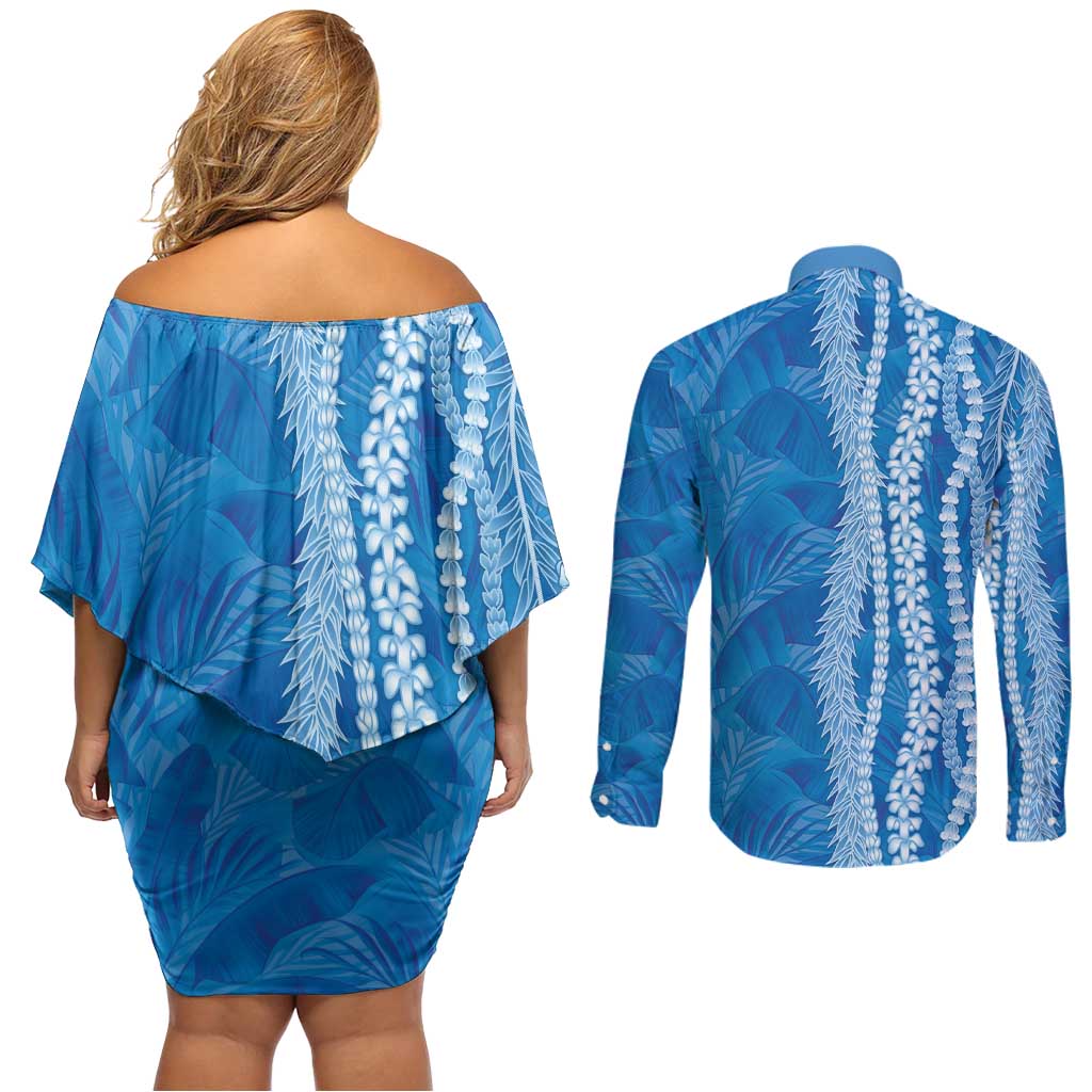 Hawaii Prince Kuhio Couples Matching Off Shoulder Short Dress and Long Sleeve Button Shirt Blue Hawaiian Lau Maia With Leis LT05 - Polynesian Pride