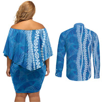 Hawaii Prince Kuhio Couples Matching Off Shoulder Short Dress and Long Sleeve Button Shirt Blue Hawaiian Lau Maia With Leis LT05 - Polynesian Pride