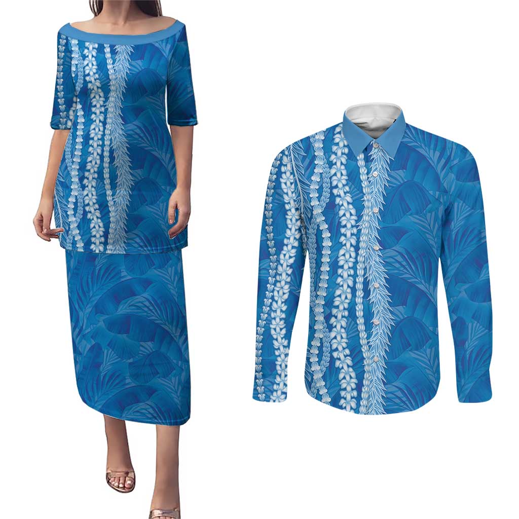 Hawaii Prince Kuhio Couples Matching Puletasi and Long Sleeve Button Shirt Blue Hawaiian Lau Maia With Leis LT05 Blue - Polynesian Pride