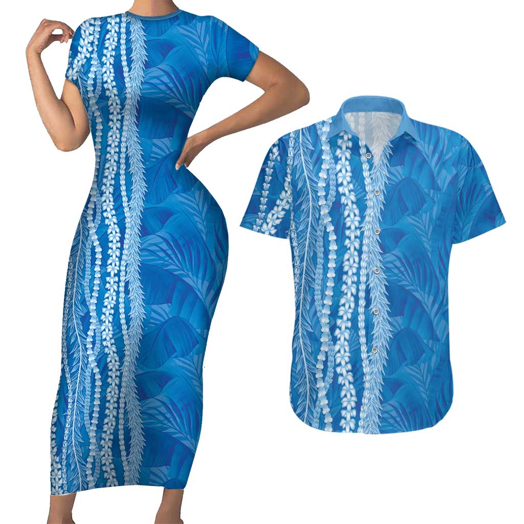 Hawaii Prince Kuhio Couples Matching Short Sleeve Bodycon Dress and Hawaiian Shirt Blue Hawaiian Lau Maia With Leis