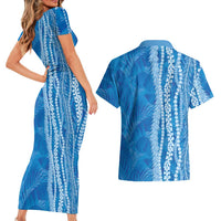 Hawaii Prince Kuhio Couples Matching Short Sleeve Bodycon Dress and Hawaiian Shirt Blue Hawaiian Lau Maia With Leis