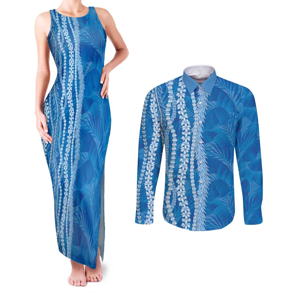 Hawaii Prince Kuhio Couples Matching Tank Maxi Dress and Long Sleeve Button Shirt Blue Hawaiian Lau Maia With Leis LT05 Blue - Polynesian Pride