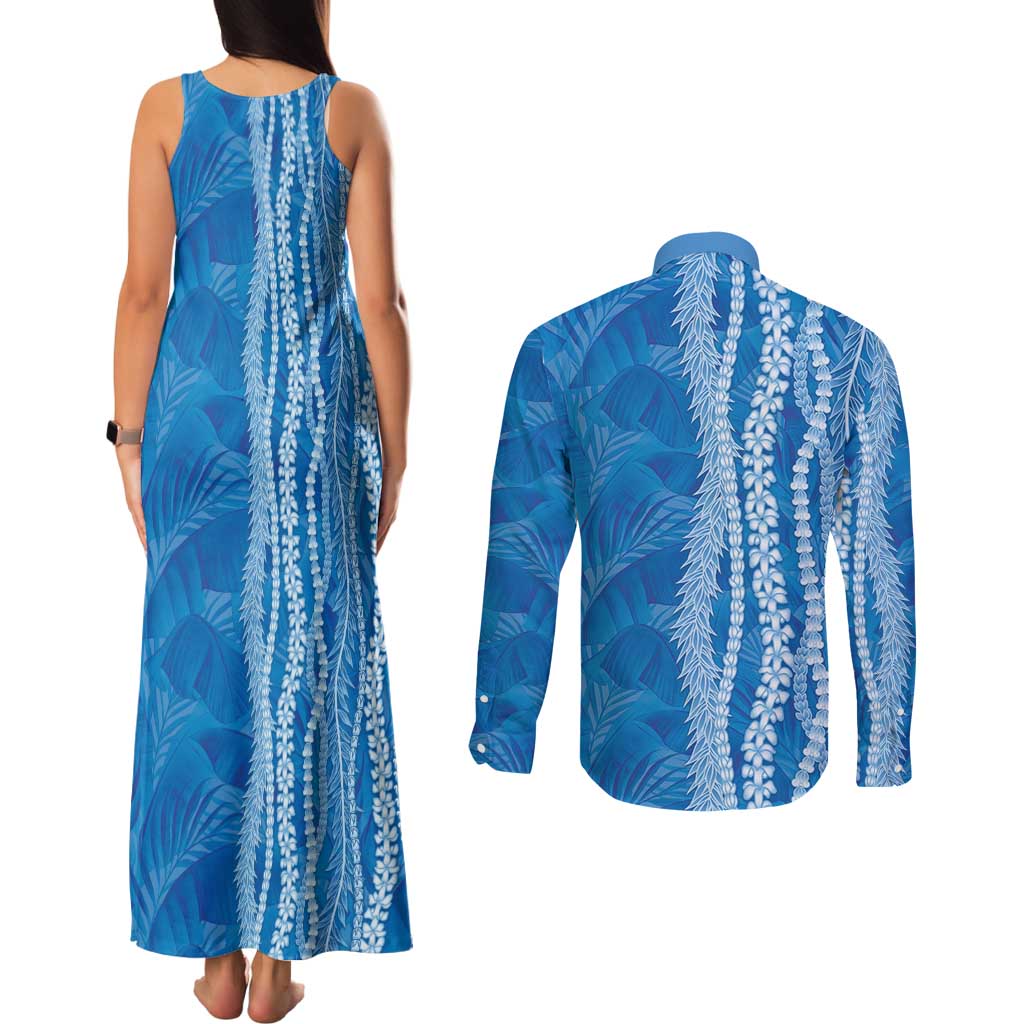 Hawaii Prince Kuhio Couples Matching Tank Maxi Dress and Long Sleeve Button Shirt Blue Hawaiian Lau Maia With Leis LT05 - Polynesian Pride