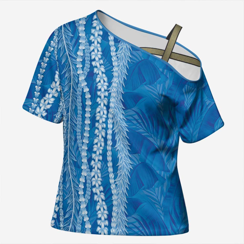 Hawaii Prince Kuhio Cross Shoulder Shirt Blue Hawaiian Lau Maia With Leis LT05 Female Blue - Polynesian Pride