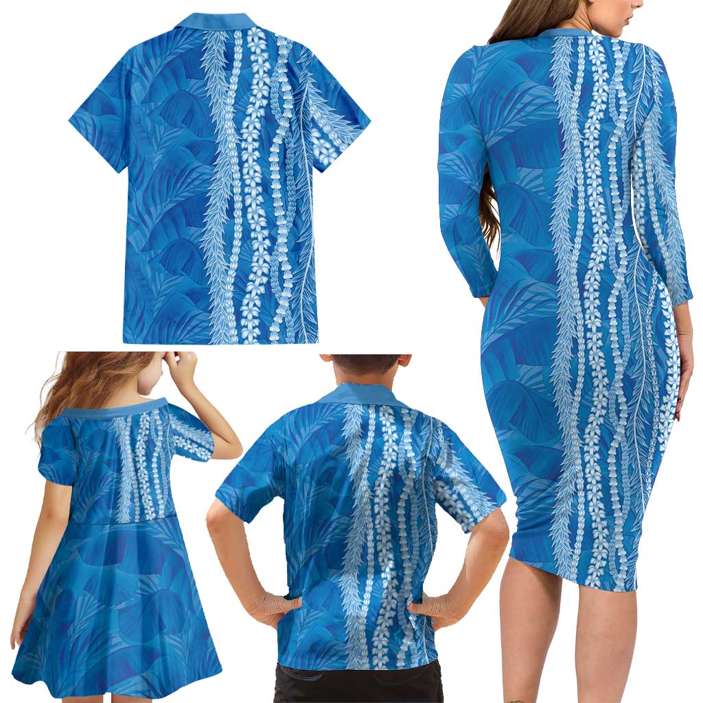 Hawaii Prince Kuhio Family Matching Long Sleeve Bodycon Dress and Hawaiian Shirt Blue Hawaiian Lau Maia With Leis LT05 - Polynesian Pride